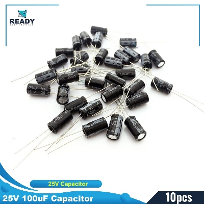 Picture of 10pcs 100uF 25V RADIAL Electrolytic Capacitor 100uF 25V Radial Polarized Aluminum Electrolytic Capacitors 2 Pin Leads Connections Leg