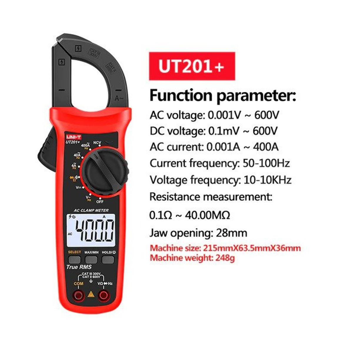 Picture of UNI-T UT201+ Digital Clamp Meter 400A True RMS Clamp Meter DC/AC Current Voltage Meter NCV AC Current Diode Resistance Clamp Tester Meter UT201+