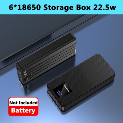 Picture of 4 Cable Fast Power Bank Box Kit Flashlight USB Type C 18650 Battery Storage Box Charger 22.5W For Mobile Phone and others- Battery Not included (6 Battery Model) Black