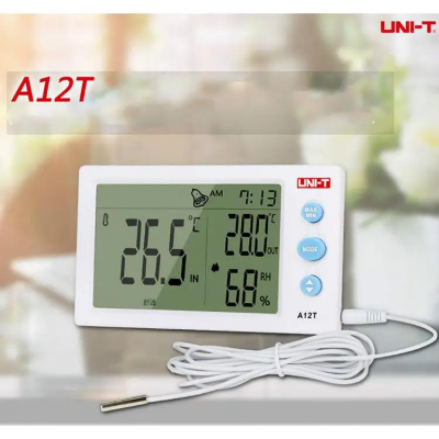 Picture of Uni-T A12T Indoor Outdoor Temperature Humidity Mete with External probe LED Digital Hygrometer with Temperature / Humidity / Calendar / Alarm Clock A12T- READY ELECTRONICS
