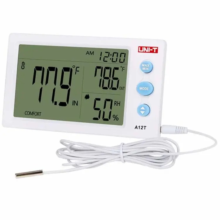 Picture of Uni-T A12T Indoor Outdoor Temperature Humidity Mete with External probe LED Digital Hygrometer with Temperature / Humidity / Calendar / Alarm Clock A12T- READY ELECTRONICS