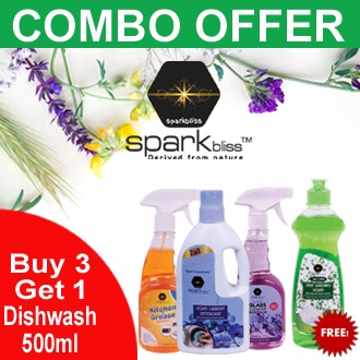 Picture of Combo Offer Buy-3 Get-1 Free Dish Wash (Liquid Laundry Detergent Orchid-500ml, Glass Cleaner Lavender-450ml, Kitchen Grease & Remover Purification-450ml) Free Dish Wash Green Lemon-500ml