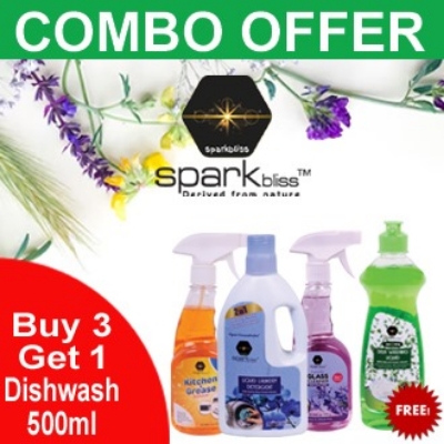 Picture of Combo Offer Buy-3 Get-1 Free Dish Wash (Liquid Laundry Detergent Orchid-500ml, Glass Cleaner Lavender-450ml, Kitchen Grease & Remover Purification-450ml) Free Dish Wash Green Lemon-500ml
