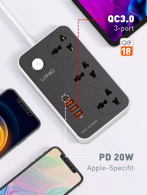 Picture of LDNIO SC3412 38W PD20W Power Strip 3 Socket Outlets and 3 QC 3.0 USB