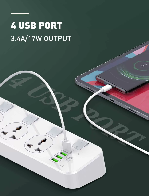 Picture of LDNIO SC4408 Power Strip With 4 Sockets & 4-Port USB Charger