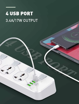 Picture of LDNIO SC4408 Power Strip With 4 Sockets & 4-Port USB Charger