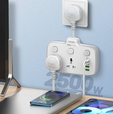 Picture of LDNIO SC2413 Universal Power Strip USB Outlet Extension Cord Adapter Wall Charger, 2500W-10A Power, Surge Protector Socket With 4 USB Port, USB-A / USB-C, White | SC2413