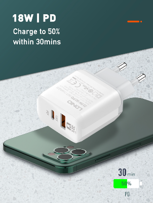 Picture of LDNIO A2421C 22.5W Full Protocol Dual Port Wall Charger, Portable Sim, 18W High Speed Charging, 850°Anti-fire PC Material, Multi-protection, Micro/Type-c/Lightning, White | A2421C