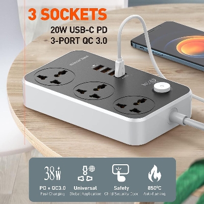Picture of LDNIO SC3412 3 Socket 4USB 10A Max 38W (USB-C Output PD3.0 20W Max + USB-A QC3.0 18W Max) with Rated Power 2500W Output Max