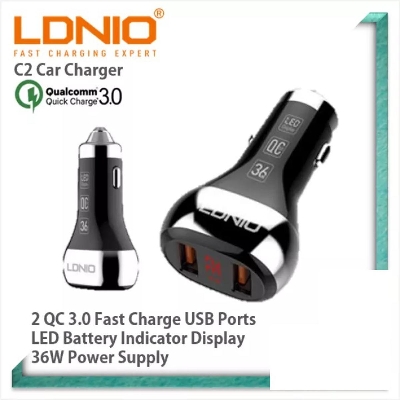 Picture of LDNIO C2 Dual QC3.0 USB with Car Battery Voltage LED Display Quick Charging Car Charger With miro  Fast Charging Cable.