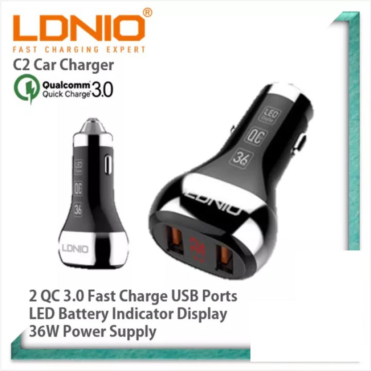 Picture of LDNIO C2 Dual QC3.0 USB with Car Battery Voltage LED Display Quick Charging Car Charger With Type-C Fast Charging Cable.