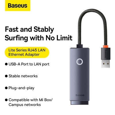 Picture of Baseus Hub Lite Series Ethernet Adapter USB-A to RJ45 LAN Port 100Mbps -Space Grey
