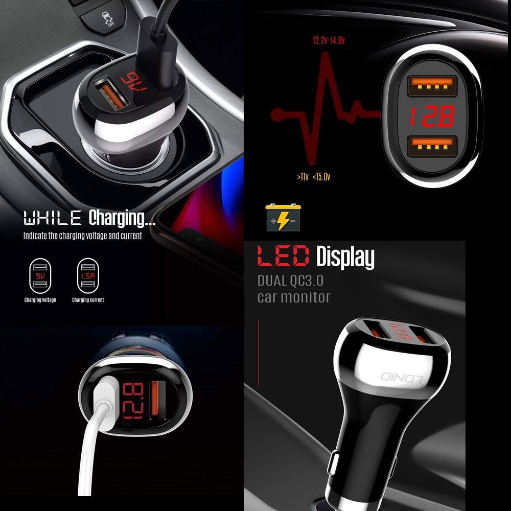 Picture of LDNIO C2 Dual QC3.0 USB with Car Battery Voltage LED Display Quick Charging Car Charger With Type-C Fast Charging Cable.