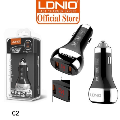 Picture of LDNIO C2 Dual QC3.0 USB with Car Battery Voltage LED Display Quick Charging Car Charger With Type-C Fast Charging Cable.