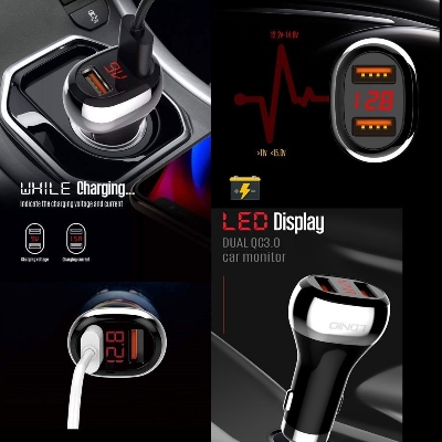 Picture of LDNIO C2 Dual QC3.0 USB with Car Battery Voltage LED Display Quick Charging Car Charger With i  phoneFast Charging Cable.