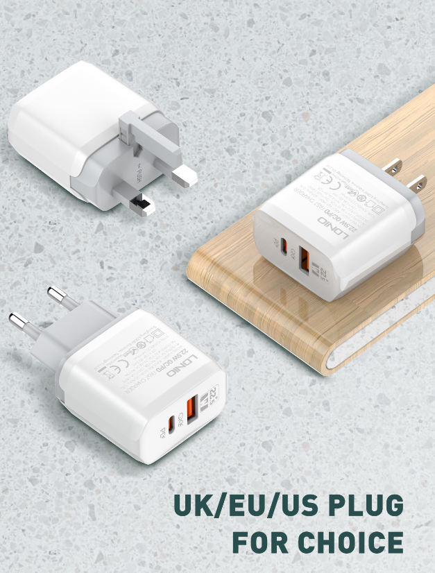 Picture of LDNIO A2421C 22.5W Full Protocol Dual Port Wall Charger, Portable Sim, 18W High Speed Charging, 850°Anti-fire PC Material, Multi-protection, Micro/Type-c/Lightning, White | A2421C