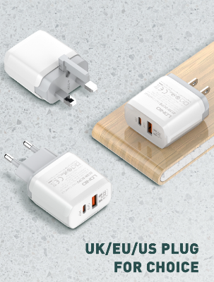 Picture of LDNIO A2421C 22.5W Full Protocol Dual Port Wall Charger, Portable Sim, 18W High Speed Charging, 850°Anti-fire PC Material, Multi-protection, Micro/Type-c/Lightning, White | A2421C
