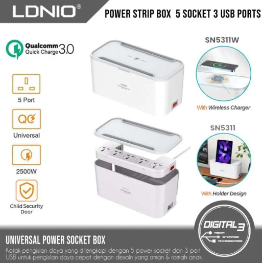 Picture of LDNIO SN5311W Management Box Power Strip 15W Wireless Charger with 5 Sockets & 20W PD+QC Output