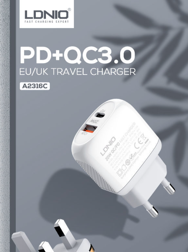 Picture of LDNIO A2316C-EU 20W Fast Travel Dual Port USB & Type-C Charger