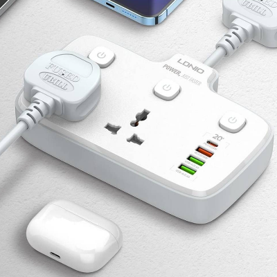 Picture of LDNIO SC2413 Universal Power Strip USB Outlet Extension Cord Adapter Wall Charger, 2500W-10A Power, Surge Protector Socket With 4 USB Port, USB-A / USB-C, White | SC2413