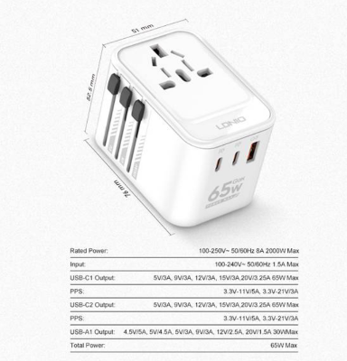 Picture of LDNIO Z6 Powerful 65W GaN Charger with 3 USB Ports Travel Adapter