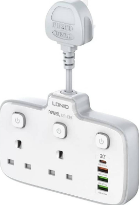 Picture of LDNIO SC2413 Universal Power Strip USB Outlet Extension Cord Adapter Wall Charger, 2500W-10A Power, Surge Protector Socket With 4 USB Port, USB-A / USB-C, White | SC2413