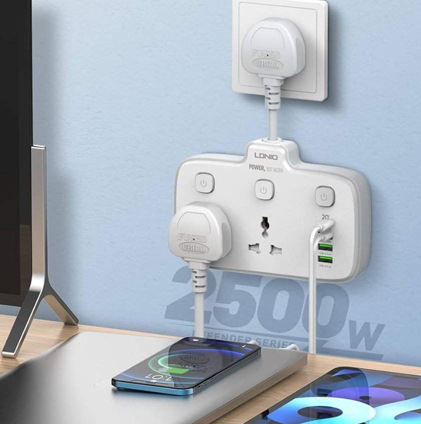 Picture of LDNIO SC2413 Universal Power Strip USB Outlet Extension Cord Adapter Wall Charger, 2500W-10A Power, Surge Protector Socket With 4 USB Port, USB-A / USB-C, White | SC2413