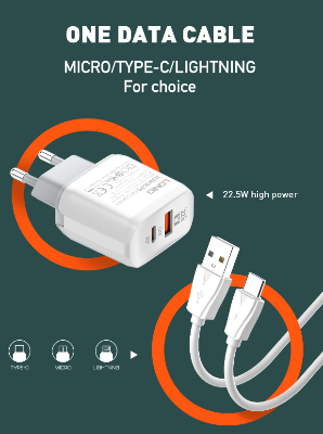 Picture of LDNIO A2421C 22.5W Full Protocol Dual Port Wall Charger, Portable Sim, 18W High Speed Charging, 850°Anti-fire PC Material, Multi-protection, Micro/Type-c/Lightning, White | A2421C
