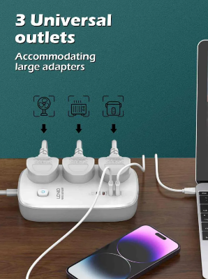 Picture of LDNIO SC3416 Power Strip 65W 3 Sockets With 4 Port Charger