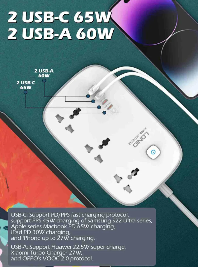 Picture of LDNIO SC3416 Power Strip 65W 3 Sockets With 4 Port Charger