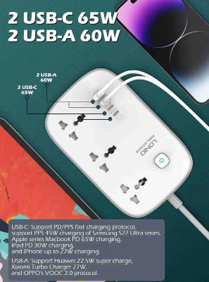 Picture of LDNIO SC3416 Power Strip 65W 3 Sockets With 4 Port Charger