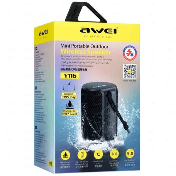 Picture of Awei Y116 Bluetooth Waterproof Superior Bass Sound Portable Outdoor Wireless Speaker - Black – 5W – IPX7 – Bluetooth 5.0 – 8 hours battery