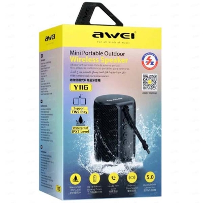 Picture of Awei Y116 Bluetooth Waterproof Superior Bass Sound Portable Outdoor Wireless Speaker - Black – 5W – IPX7 – Bluetooth 5.0 – 8 hours battery