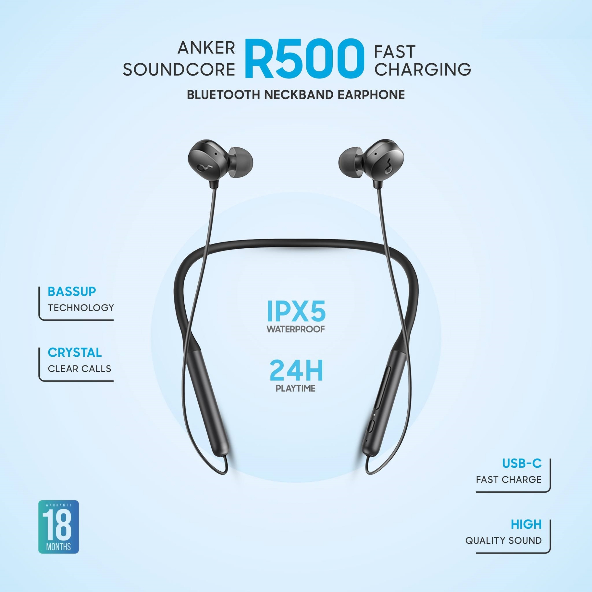 Picture of Soundcore R500 Neckband Style Earphones With Up to 20 Hours of Playback Time USB Type C Fast Charge Bluetooth 5.0 Neckband Earphone