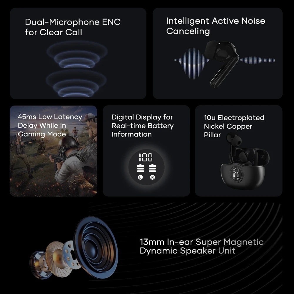 Picture of Wavefun Star 2 ANC Wireless Earbuds Digital Display BT 5.3 Active Noise Cancellation 45ms Low Latency 13mm Dynamic Speaker Light Weight Super Bass Bluetooth Earphone