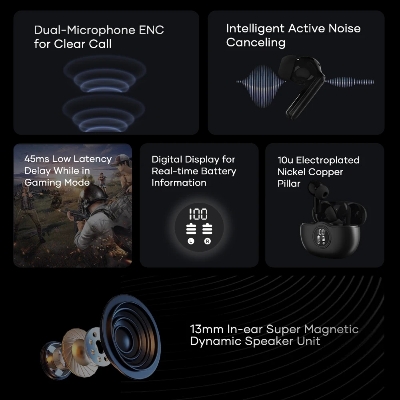 Picture of Wavefun Star 2 ANC Wireless Earbuds Digital Display BT 5.3 Active Noise Cancellation 45ms Low Latency 13mm Dynamic Speaker Light Weight Super Bass Bluetooth Earphone