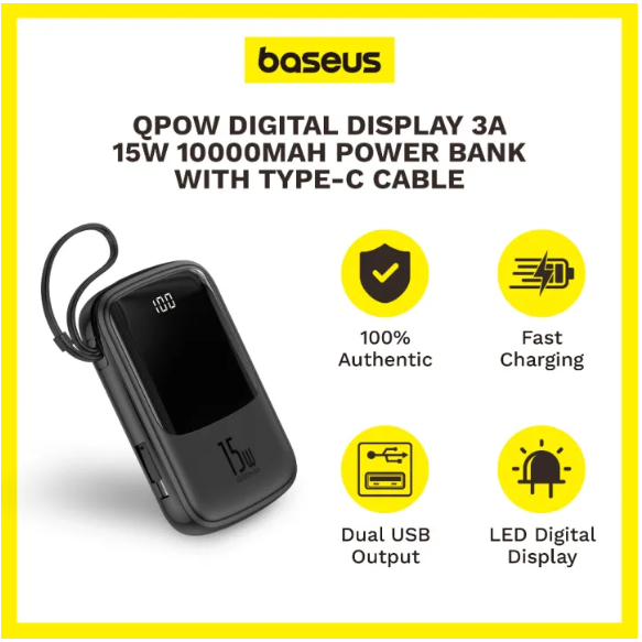 Picture of Baseus Qpow Digital Display 3A Powerbank 10000mAh Type-C Cable Fast Charging Portable Travel Battery Power Bank