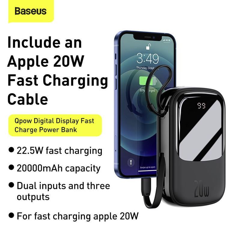 Picture of Baseus Qpow Pro 20000mAh Powerbank with Lighting Cable Digital Display 20W PD Fast Charge Power Bank