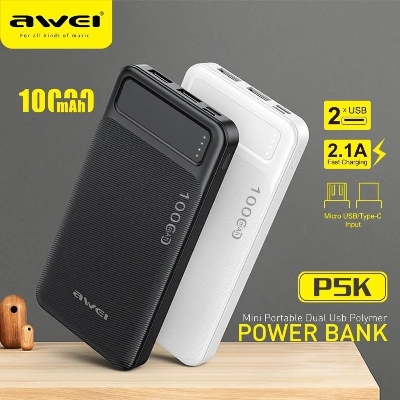 Picture of Awei P5K 10000mAh Dual USB Port Power Bank Fast Charging Micro USB and Type C Input Power Bank