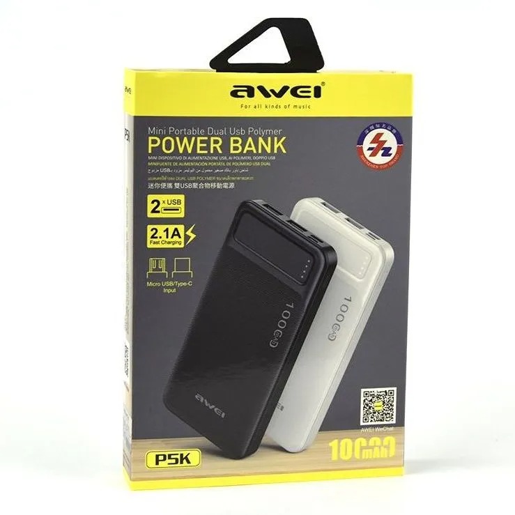 Picture of Awei P5K 10000mAh Dual USB Port Power Bank Fast Charging Micro USB and Type C Input Power Bank