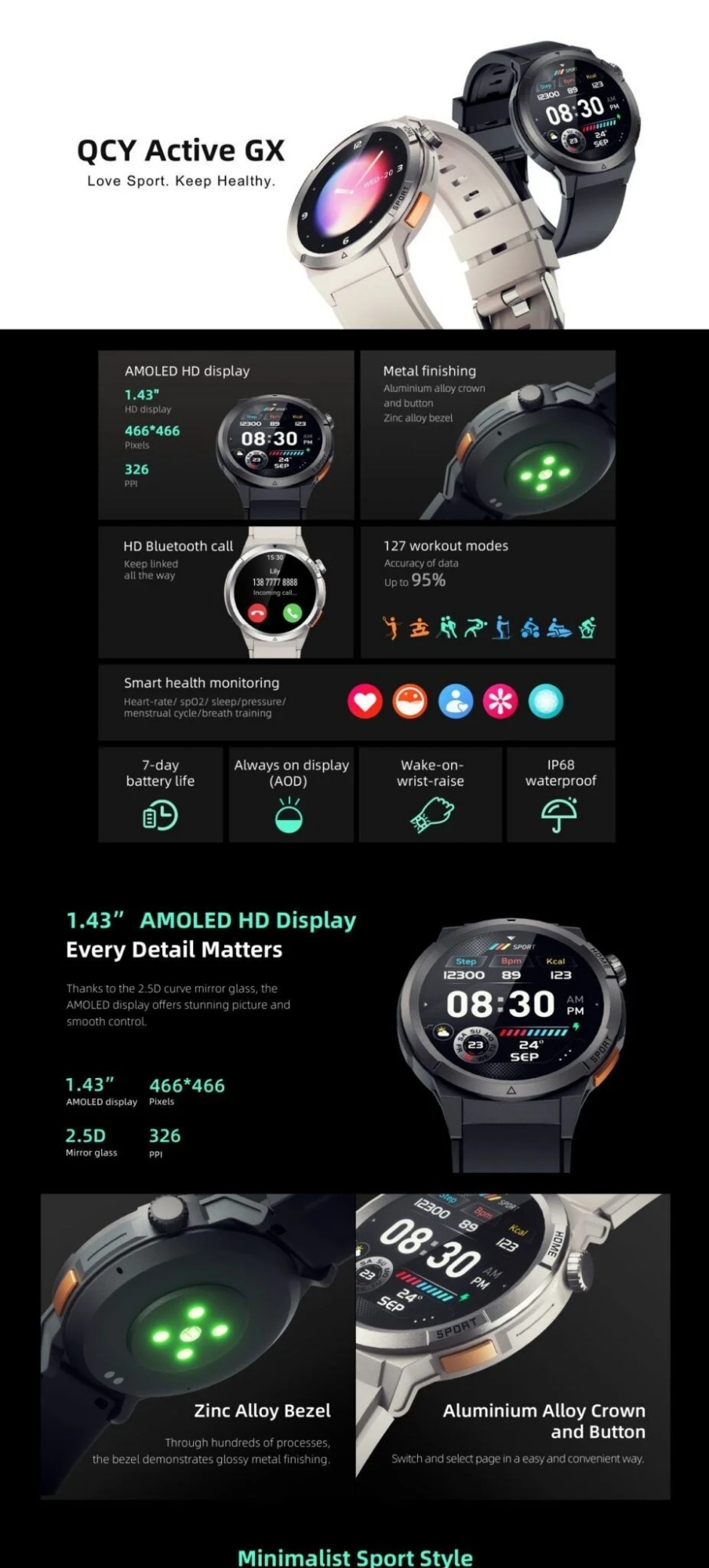 Picture of QCY Active GX Smartwatch, AOD AMOLED Display, Bluetooth Calling, Waterproof, App Connectivity, Sports Smart Watch