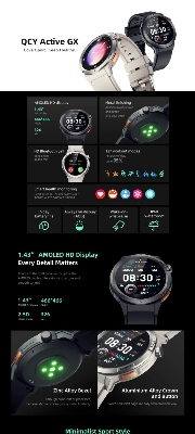 Picture of QCY Active GX Smartwatch, AOD AMOLED Display, Bluetooth Calling, Waterproof, App Connectivity, Sports Smart Watch
