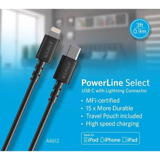 Picture of Anker PowerLine Select USB-C to Lightning MFI Certified Cable 3ft (A8612) – Black