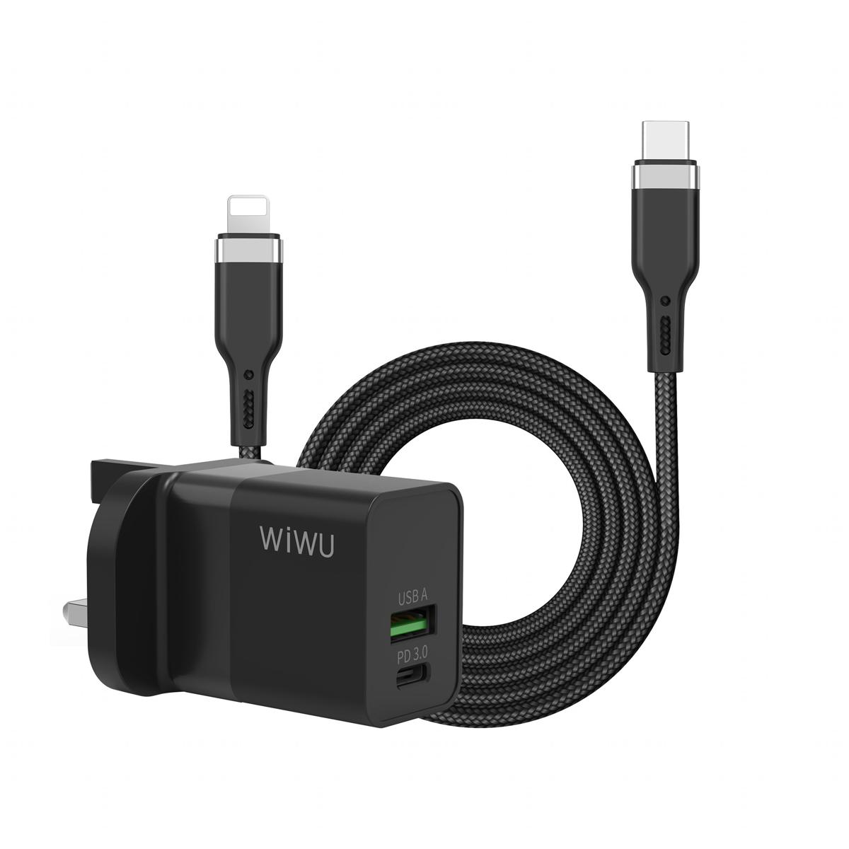 Picture of WiWU 30W PD Fast Wall Charger for iPhone Dual Ports USB A Type C with type c to lightning cable UK Plug Mobile Phone Charging