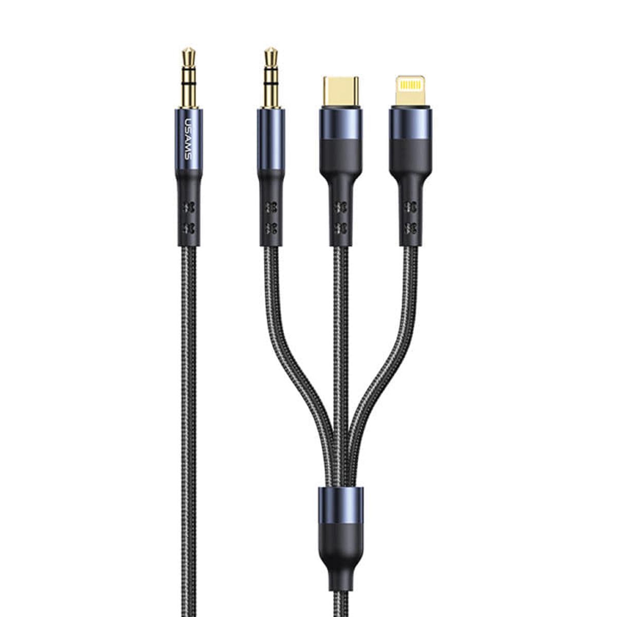 Picture of USAMS 1.2m 3 In 1 3.5mm Lightning Type C to 3.5mm Jack Braided Aux Audio Cable For Phone Tablet Computer CD Car Audio Speaker