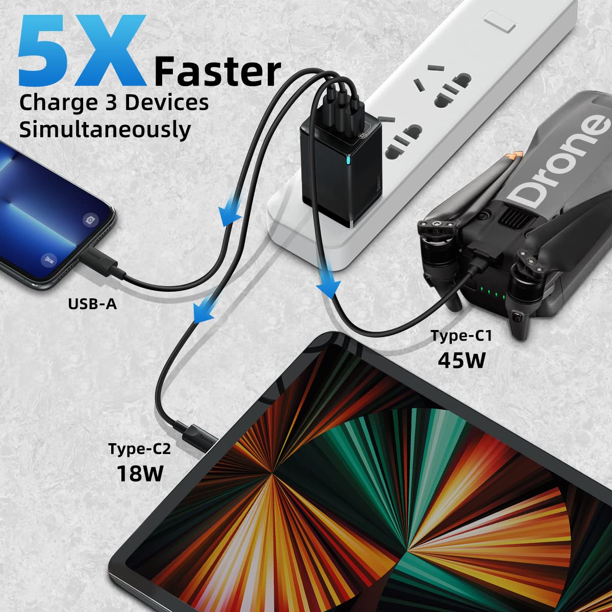 Picture of Baseus 65W GaN Charger 3 in 1 2C+U Adapter for iP 14 13 Pro Max Xmi Samsung Phones Tablets Fast Charging (100w Type-c cable included 1m)