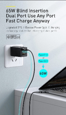 Picture of Baseus 65W GaN Charger 3 in 1 2C+U Adapter for iP 14 13 Pro Max Xmi Samsung Phones Tablets Fast Charging (100w Type-c cable included 1m)