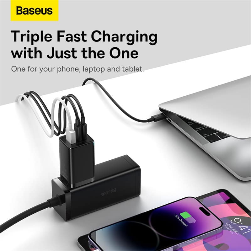 Picture of Baseus 65W GaN Charger 3 in 1 2C+U Adapter for iP 14 13 Pro Max Xmi Samsung Phones Tablets Fast Charging (100w Type-c cable included 1m)