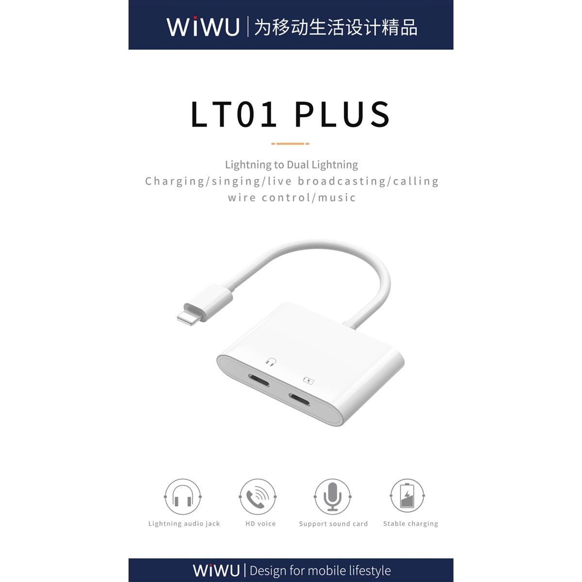 Picture of WiWU 2 in 1 audio adapter IOS to dual Light-ning with built-in microphone support charging and phone call same time Lightning Adapter Splitter Earphone Changer Cable For iiPhone