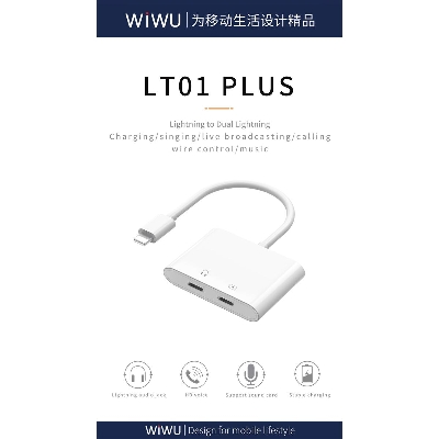 Picture of WiWU 2 in 1 audio adapter IOS to dual Light-ning with built-in microphone support charging and phone call same time Lightning Adapter Splitter Earphone Changer Cable For iiPhone
